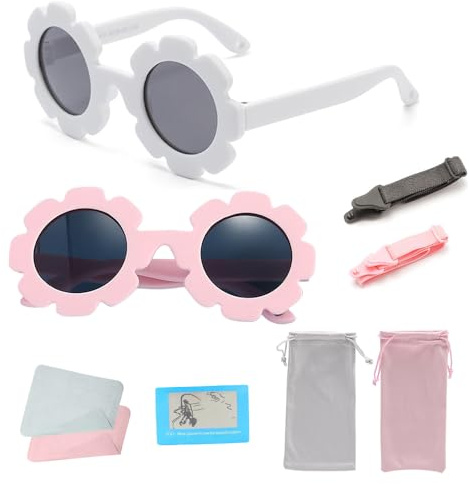 YANGUN 2 PCS Baby Sunglasses with Strap, Cute Flower PolarizedSunglasses, Toddler Sunglasses 0-24 Months for Newborn Infant Girls Boys, Outdoor Sunshade UV400 Protection, Pink & White