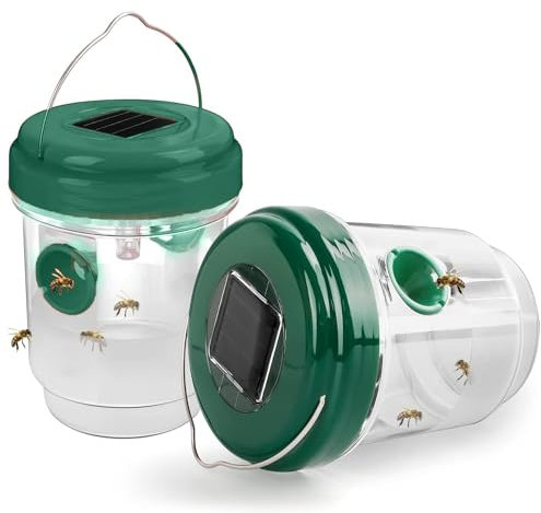 Set di 2 trappole per vespe ad energia solare, riutilizzabili, da appendere, per insetti e calabroni, protezione sicura per giardino e patio (verde)