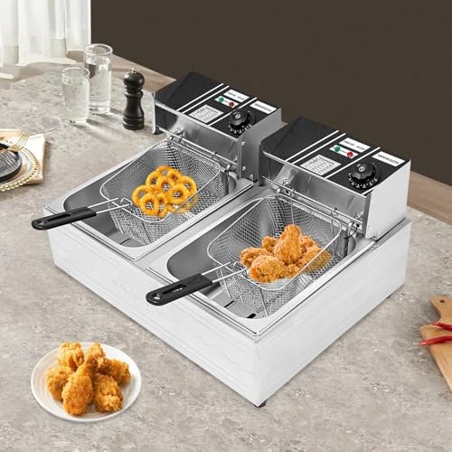 Double friteuse | Friteuse avec 2 paniers en acier inoxydable | Friteuse double avec technologie de zone froide | Friteuse d'une capacité de 12 l et récipient amovible en acier inoxydable | 60 °C à