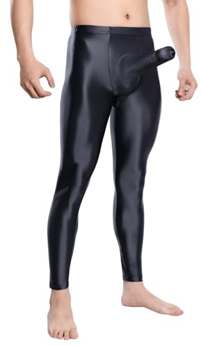 DUHENWU Herren Glänzend Öl Strumpfhosen Sport Leggings Mit Bulge Pouch Übergröße Lang Pantyhose Tights Kompressionshose Offene Schritt Unterwäsche Hohe Taille Lange Unterhosen Clubwear