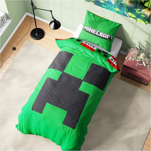 Get Trend Minecraft Single Duvet Cover Set Kids & Teens, Reversible Bedding & Pillowcase for Boys & Girls, Bedroom Accessories, Anime Gifts for Boys (Green Minecraft, Single)