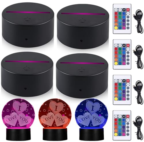 GBKDQQ 4 casquillos LED, 3D LED con mando a distancia [7 colores regulables] – Base de luz para dormitorio/habitación infantil – USB luz nocturna para decoración de cristal acrílico