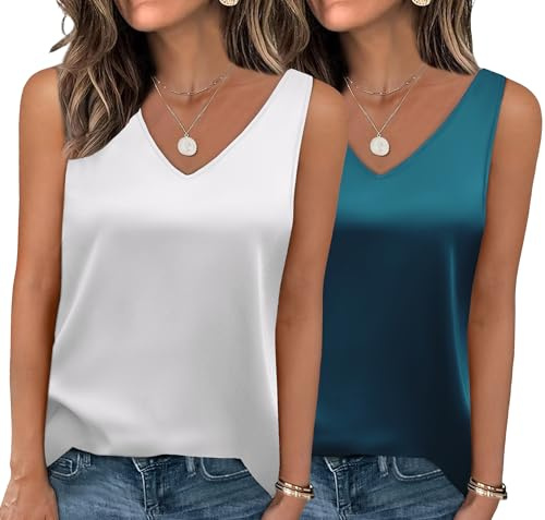 Zeagoo 2-pack dam satin topp elegant sidentopp basic v-ringad linne toppar kvinnor sommar skjortor satinblus XS-XXL, 2-pack: vit + påfågelblå, L