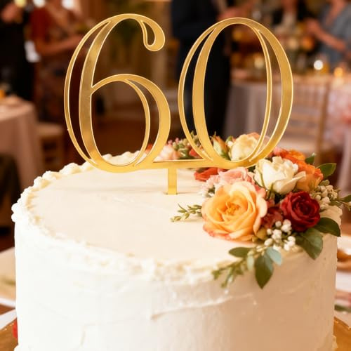 Gold Acrylic Number 60 Cake Topper, Happy 60th Birthday Cake Decoration, Sixty Years Old Cake Pick Decoration For 60th Anniversary Celebrating Party Supplies, 6.4 inches (60)