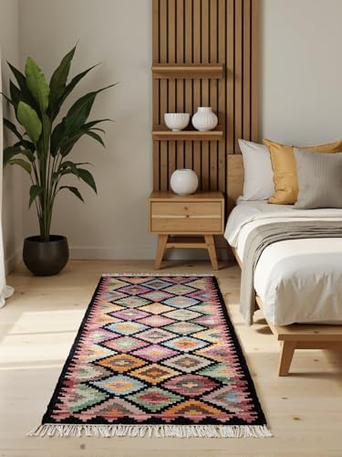 Hanse Home Afghan Kelim Teppich Zara - Bunter Traditioneller Teppich Handgewebt, Wolle & Baumwolle, Afghanischer Stil Oriental mit Fransen für Wohnzimmer, Schlafzimmer - Schwarz Multi, 60x190 cm