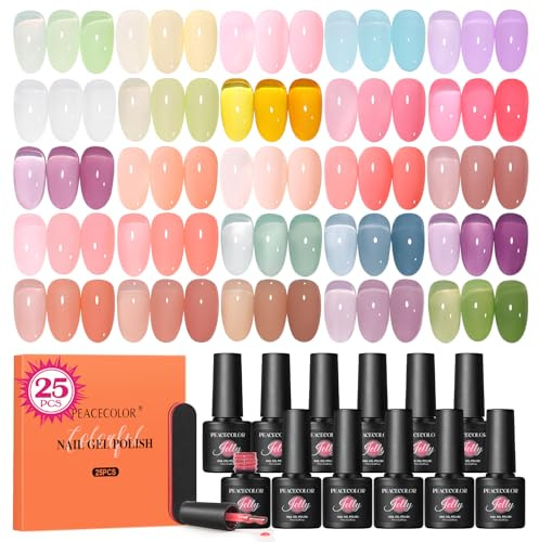Peacecolor 25 Colores Pintauñas Semipermanentes Blanco Lechoso Rosa Verde Morado, Soak Off Jelly Gel Polish Esmaltes Semipermanentes para Uñas, Salón de Manicura Regalo para Mujeres