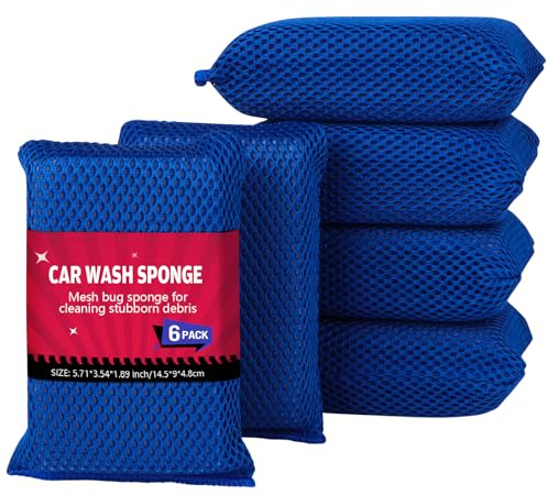 AIDEA Car Wash Sponge, Microfiber Large Bug and Tar Remover for Cars, Non Scratch Reusable Mesh Car Wash Sponges, 6PK, Blue, 5.71 * 3.54 * 1.89 inch