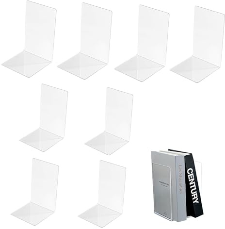 Euablfo 8 Pezzi Fermalibri per Mensole,Trasparente in Acrilico Ferma Libri,12,8×11,5×16 cm Fermalibri per Mensole con 50 Tappetini Antiscivolo,per Mensole Adatto per Scuola, Casa, Ufficio, Biblioteca