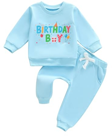 Carolilly Baby Boys Birthday Outfits Long Sleeve Sweatshirts Tops Pullover Letter Balloon Print with Solid Sweatpants Sets 2Pcs Toddler Boys Tracksuits Birthday Gift (Blue, 12-18 Months)