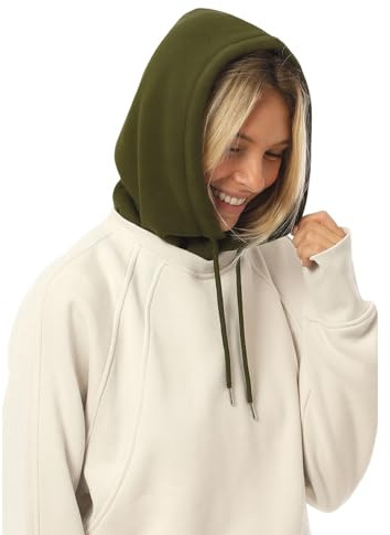 MixMatchy Women's Hooded Scarf Hat Balaclava Beanie Skull Cap with Drawstring Detachable Hood Dark Olive ONE