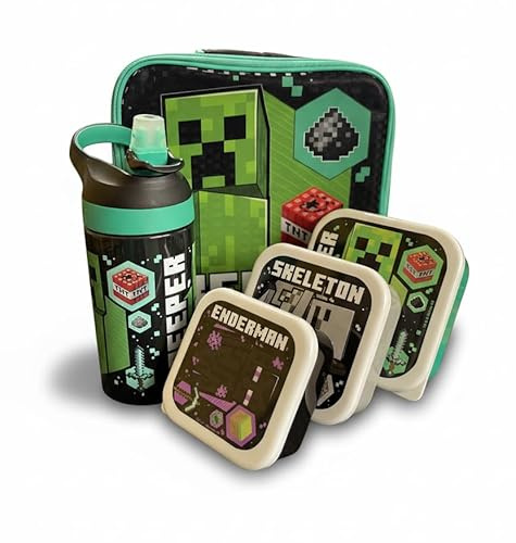 Minecraft 5 Piece Lunch Set Kids School Lunch Bag, 450ml Lockable Water Bottle, 3 Nesting Snack Boxes Featuring Creeper, Skeleton, Enderman - Gift for Minecraft Fans