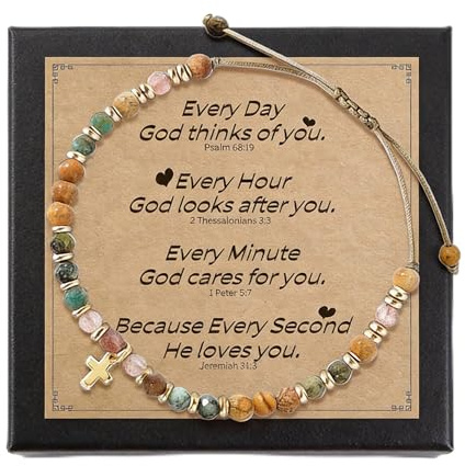 ZhuXIXILiang Christian Cross Bracelets for Women Christian Gifts for Women Inspirational Natural Stone Bracelet with Bible Card Adjustable Religious Jewelry for Baptism Communion Everyday Faith
