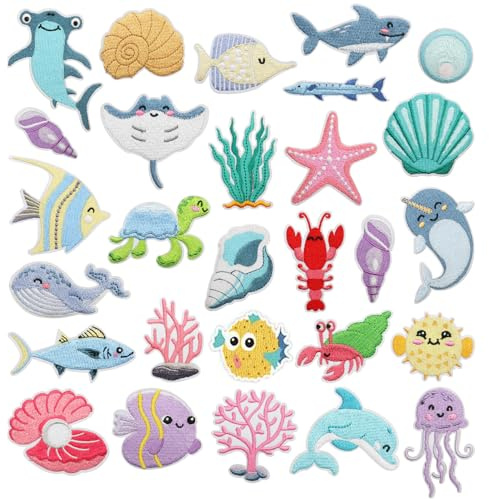 28pcs Sea Animal Iron/Sew on Patches Marine Organisms Embroidered Patches Iron Cute Summer Embroidered Applique for Ocean Beach Decration for Clothes, Hat, Bag, Jeans