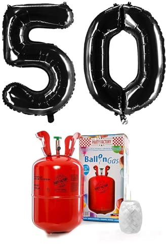 Party Factory – Helium Gasflasche 200L im Set mit XXL Zahlenballon 50 Schwarz – Partydeko Ballongas Flasche mit Folienballon & 40 m weißer Ballonschnur – Einwegflaschen mit Knick-Füllventil
