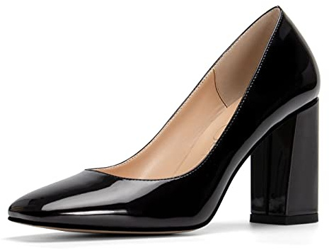 NobleOnly Femme Escarpins Bout Carré Doublure en Cuir Bloc Talons 7.5CM High Heels Pumps Noir Vernis Chaussures EU 36