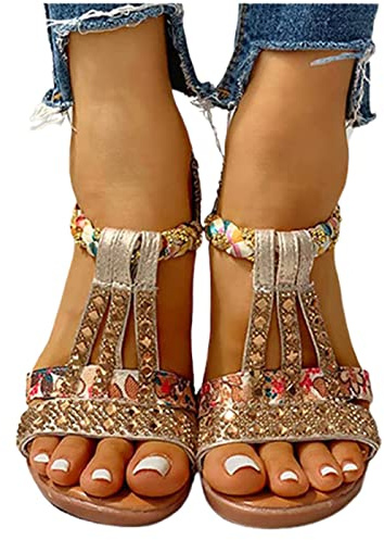 WEEYER Sandalias de Cuña de Plataforma Para Mujer, Brillantes de Playa, Romanos Vintage de Ocio Para Verano