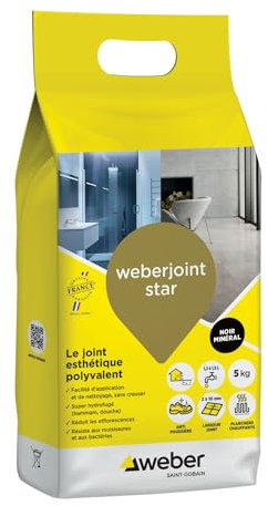 Weber Mortier joint carrelage décoratif hydrofugé, spécial intérieur et extérieur, largeur 2 à 10mm, 5kg, noir minéral, WEBERJOINT STAR