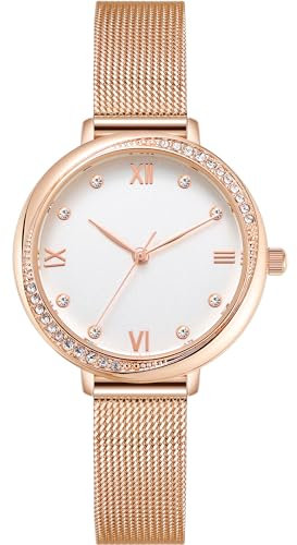 NUOVO Damenuhren Rose Gold Ton Edelstahl Armband Armband Mode Uhren Weiß Gesicht Frauen Diamant Kristall Lünette Quarz Klassische Frauen Uhr