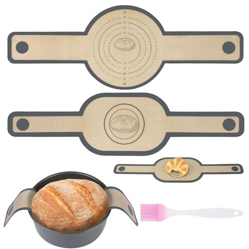 2 Piezas Estera de Horneado de Silicona para Horno Holandés, Tapete de Silicona con Mangos Largos, Tapete de Silicona Reutilizable para Hornear Pan con 3 Raspadores y 1 Cepillo para Especias