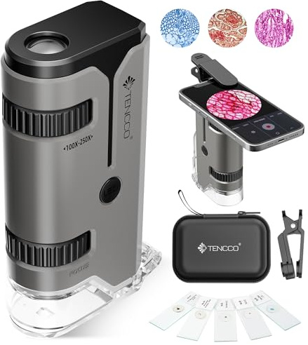 Mini Pocket Microscope 100x-250x för Barn Vuxna, Bärbart Mikroskop med 5 Mikroskopblad, Telefonadapter, Bärbart Miniskop för Barn Vuxna, Vetenskaplig Utbildning, Grå