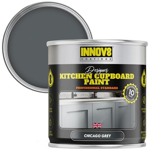 INNOV8 COATINGS DESIGNER KITCHEN CUPBOARD PAINT - DIY - NO PRIMER OR TOP COAT - SATIN Finish - 750 ml - Chicago Grey - Fast Dry - CABINET, FURNITURE, WOOD, MDF, PLASTIC & METAL