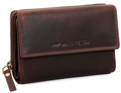 Marc Peter® Rosie Damen Geldbeutel Leder RFID Geldbörse Groß Vintage Portemonnaie für Damen Ledergeldbörse mit Reißverschluss in Geschenkbox Echtleder Waxy Braun