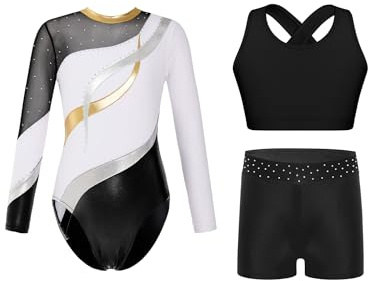 FEESHOW Kinder Glitzer Turnanzug Mädchen Gymnastikanzug Langarm Mit Kurze Hose Crop Tank Top 3er Set Gymnastik Trikot Tanzkleidung Weiß 146-152