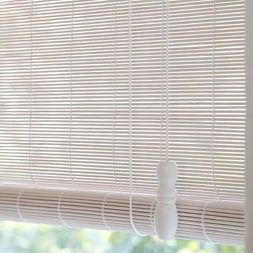 White Bamboo Roller Blind, Light Filtering Roll Up Shutter, Natural Roman Roller Shades, Wood Window Shades Blinds with Lift, for Indoor Home Office Kitchen, Custom