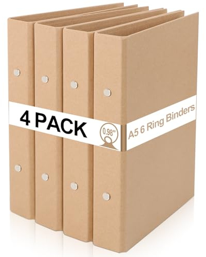 4Pcs A5 Classeurs en Papier Kraft, Classeur A5 6 Anneaux, Dos 38mm, Hauteur de Remplissage 25mm, Renforcée Couverture de Reliure Rechargeable, Beige Feuilles Volantes Reliure pour L'école et Bureau