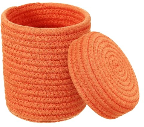 sourcing map Piccolo cesto portaoggetti in corda di cotone intrecciato, arancione, per scaffali, armadi, regali, grazioso cestino decorativo per la casa, rotondo con coperchio, 14,7 x 14,2 cm