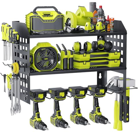 BILIONE Wall Mounted Power Tool Organizer, 3-Tier Heavy Duty Tool Storage Rack with 4 Drill Holders, Alloy Steel Garage Tool Shelving with Hooks for Workshop, Shed, Black