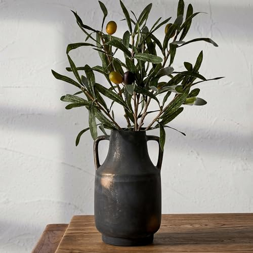 KRYSTHIA Keramisk blomvas med handtag, stor dekorativ svart vas, bondgårds- och terrakottavaser för heminredning, rustika vintagevaser för vardagsrum, kök, sovrum, kontor, soffbord, 28 cm