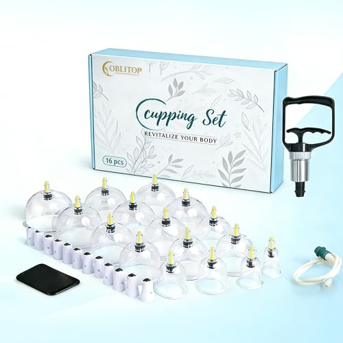 OBLITOP Lot de 16 ventouses en verre avec pompe à vide - Taille V2.0 - Pour homme et femme - Gobelet sous vide pour les muscles du corps, les maux de dos - Massage de la cellulite - Ventouse - T01