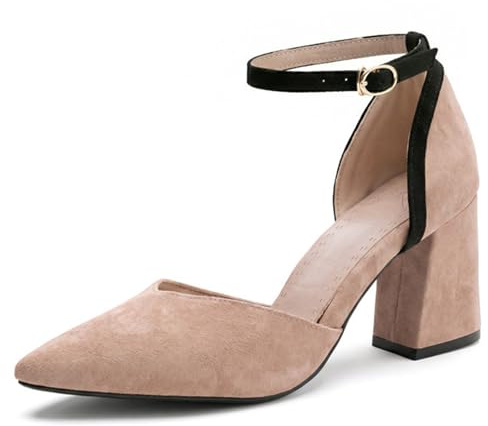 Eestfy Elegantes Pumps de Tacón de Bloque de Ante Dos Tonos Punta Afilada Tira Tobillo Zapatos de Novia Tacones Vestir D'Orsay para Recepción de Boda y Fiesta de Cóctel,Apricot,48 EU