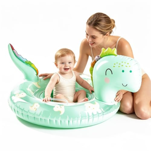 Blue Dinosaur Flamingo Baby Swimming Float Inflatable Baby Pool Float for Baby Boys 6-36 Months,Dino Baby Swimming Ring with Safety,Kids Rubber Ring Pool Float for Toddlers Infant Boys 1-3 Years