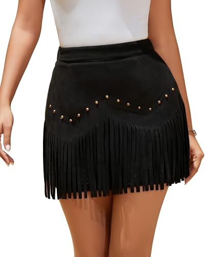 TRIWORKS Women Suede Fringe Mini Skirt with Rivets High Waist Elastic Western Cowgirl Skirts with Zipper Country Concert Outfit XS-XL