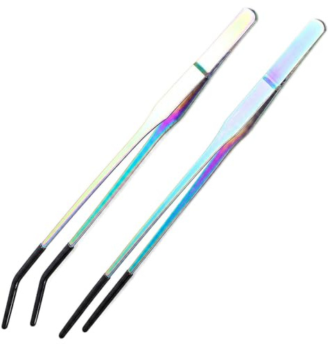Msjuwek 2Pcs Long Reptile Feeding Tweezers Tongs Set, Stainless Steel Straight and Curved Long Pliers with Rubber Tips, Terrarium Axolotl Tank Accessories Bearded Dragons, Lizards, Snakes, Geckos