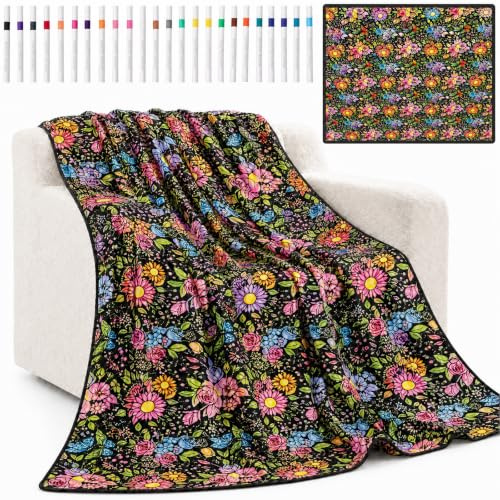 Gör-det-själv målerifilt för färgläggning 150 x 115 cm, gosig filt med 24 penslar | Färgfilt 150 x 115 cm med 24 färgglada pennor, mjukt och tvättbart tyg, perfekt för kreativa fester och presenter