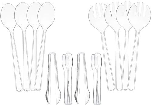 Set of 12 Heavy Duty Disposable Plastic Serving Utensils! 10” Spoons & Forks and 6-1/2” Tongs