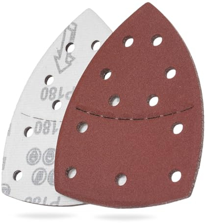 YoiYee 180 Grit Sanding Sheet Set, Mouse Detail Sander Sandpaper, Delta Triangular Sand Paper Pad, Hook and Loop Fastening, 11 Holes, Accessories for Multi-Sander, Red, 10 Pack
