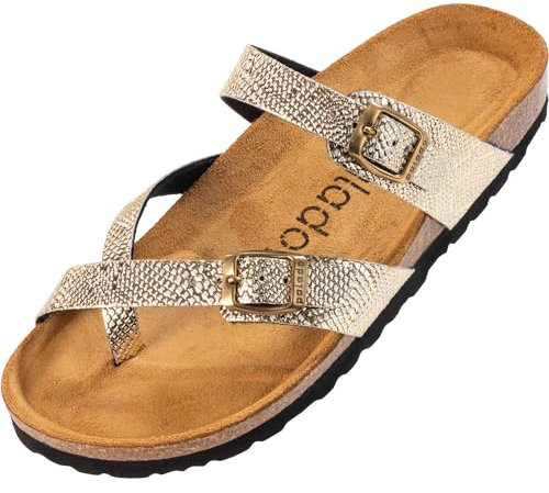 Palado Pantoletten Damen Cres Metallic - elegante Sandalen Made in Spain - bequeme Hausschuhe mit dämpfendem Kork-Fußbett - modische Sommerschuhe Pyth Gold UK3,5 - EU36