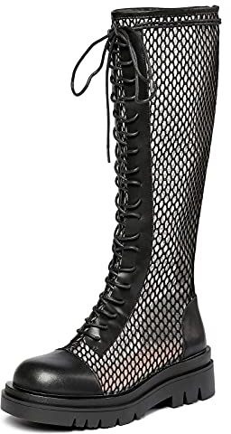NobleOnly Zapatos Mujer Verano Respirable Malla Botas Cremallera Huecos Sandalias Cordones Planos Boots Negro Altura de Rodilla Zapatos EU 38.5