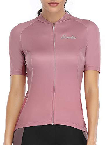 Santic Radtrikot Damen Kurzarm Fahrrad MTB Shirts Top Taschen Reißverschluss Atmungsaktiv Sommer Rosa XL