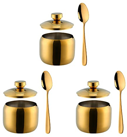 TUPMFG 3-Piece Seasoning Box with Spoon and Lid 304 Stainless Steel Condiment Canisters Pots Seasoning Jars for Spice Salt Sugar-Gold