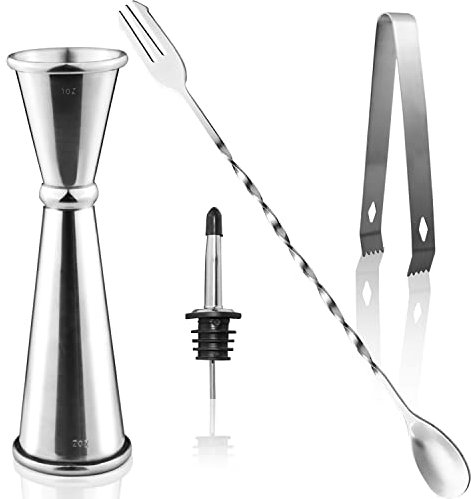 Jigger Cocktail Misurino 30 ml/60 ml Doppio Barman Graduato Professionale Japanese Style 304 Acciaio Inossidabile con Cucchiaio Miscelatore Versatore,Argento