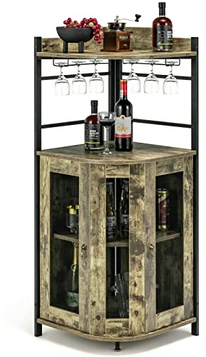 COSTWAY Buffet Cuisine Industriel, Armoire d’Angle, Étagère Réglable, Meuble Bar avec Porte-Verres, Placard à Porte en Maille Métallique, Kit Anti-basculement Inclus, 48x48x130 CM