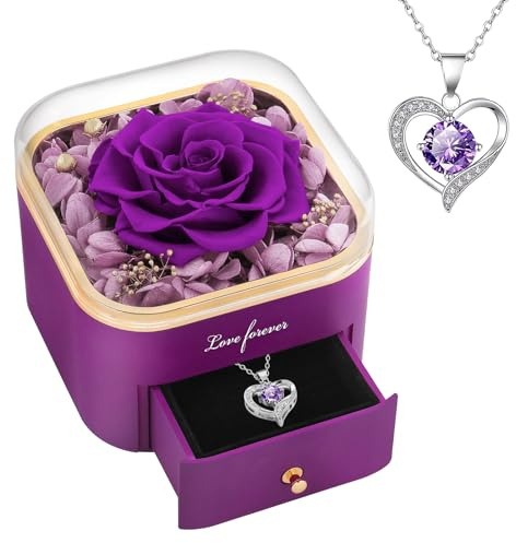 Beferr Birthday Gifts for Women Preserved Real Rose with Necklace Eternal Purple Roses Forever Flowers for Delivery Anniversary Mothers Day Flower Gifts for Mom Wife Grandma Daughter Her Girlfriend