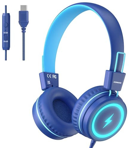 KONNAO Auriculares Infantiles USB Tipo C Con Luces LED y Limitador de Seguridad 85 dB/94 dB - Para Niños y Niñas en la Escuela, Plegables Con Cable