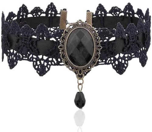 AFCJLTO Gotischer Damen Choker mit Spitze, Quaste und Kristallanhänger - Retro Halskette für Halloween, Fasching und Karneval - Schwarz, Gothic Punk Tattoo Stil - 1 Stück