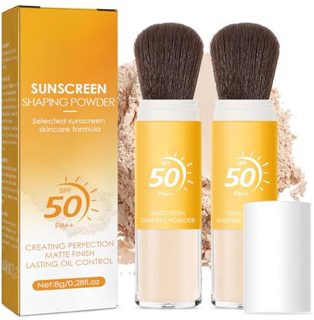 Mineral Sunscreen Setting Polvere SPF 50 Oil Control Impermeabile Leggero Traspirante Naturale – Con Spazzola, per Tutti i Tipi di Pelle (2 Pezzi)